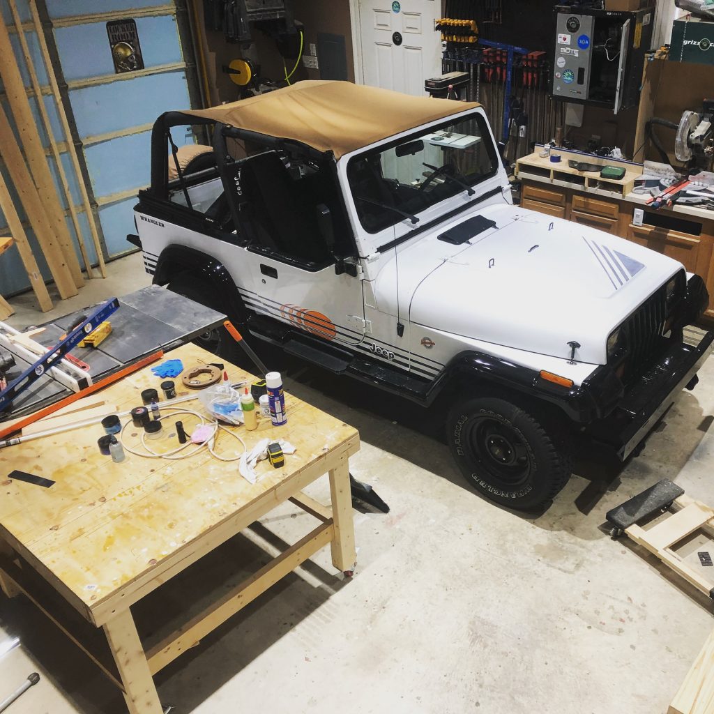 how to spray bed liner in a jeep wrangler interior - parked in workshop