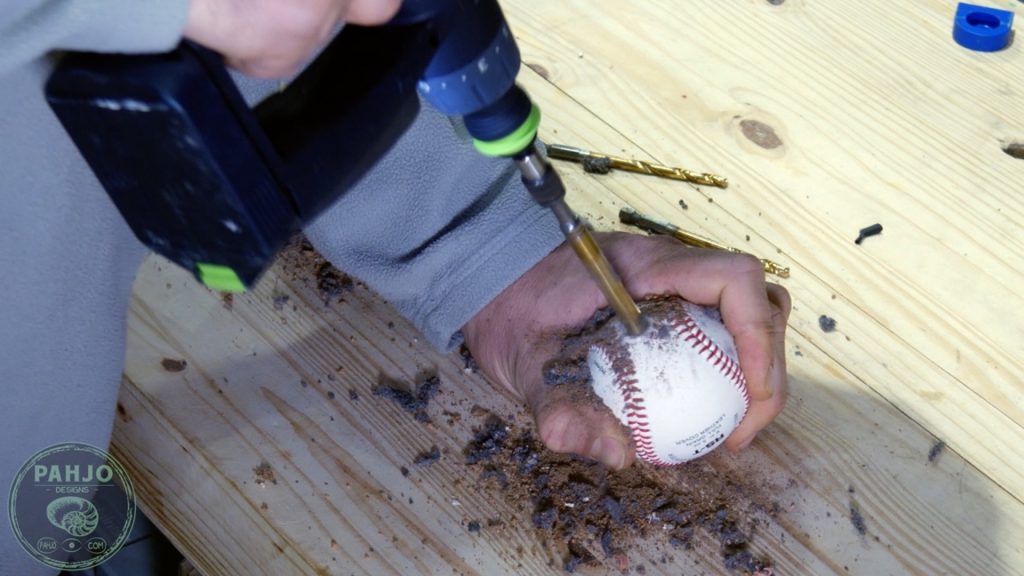 DIY Wood and Resin Wall Art - Baseball Storage Rack_Drill Hole in Baseball
