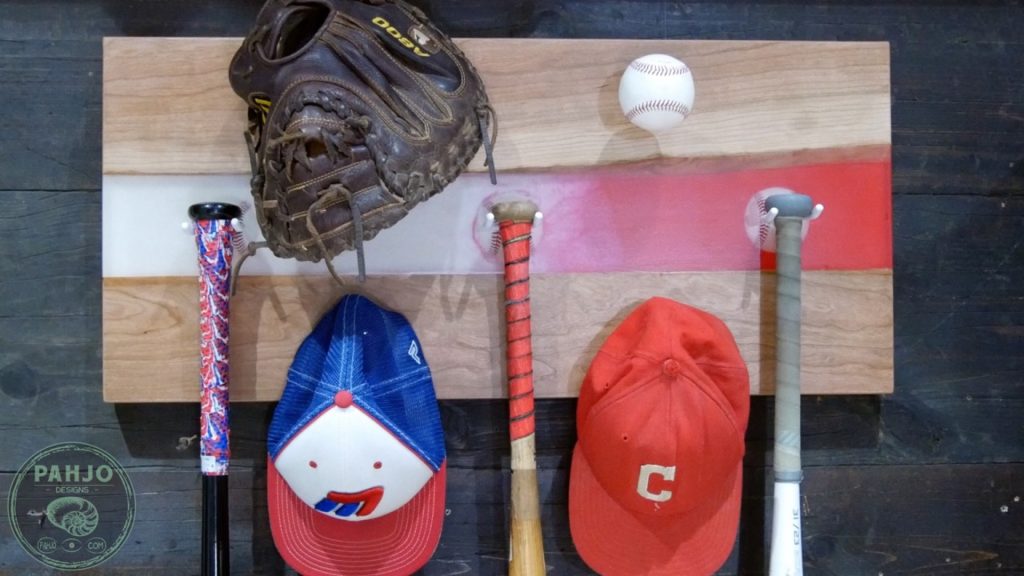 DIY Wood and Resin Wall Art - Baseball Storage Rack_Final Picture with Baseball Gear