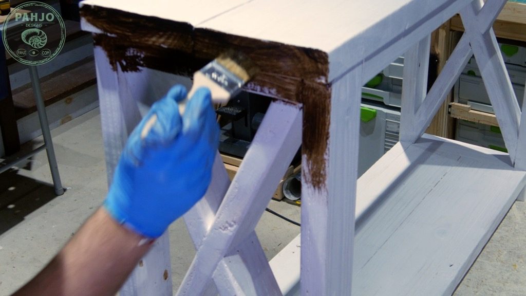 apply dark creme wax to distress painted furniture