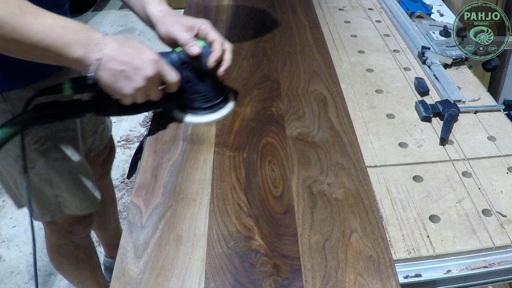 walnut epoxy dining table bench sanding
